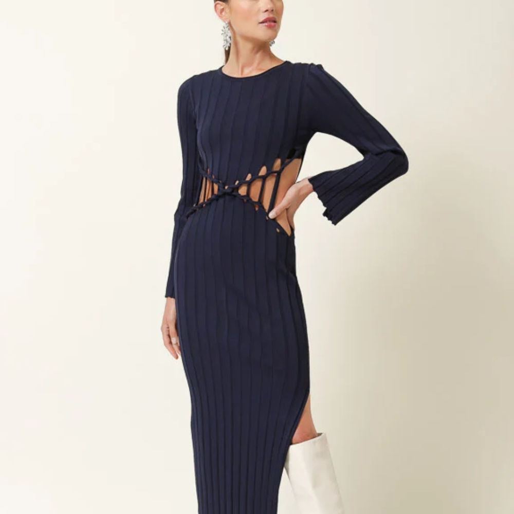 Line & Dot Navy Ribbed Cutout Midi Dress